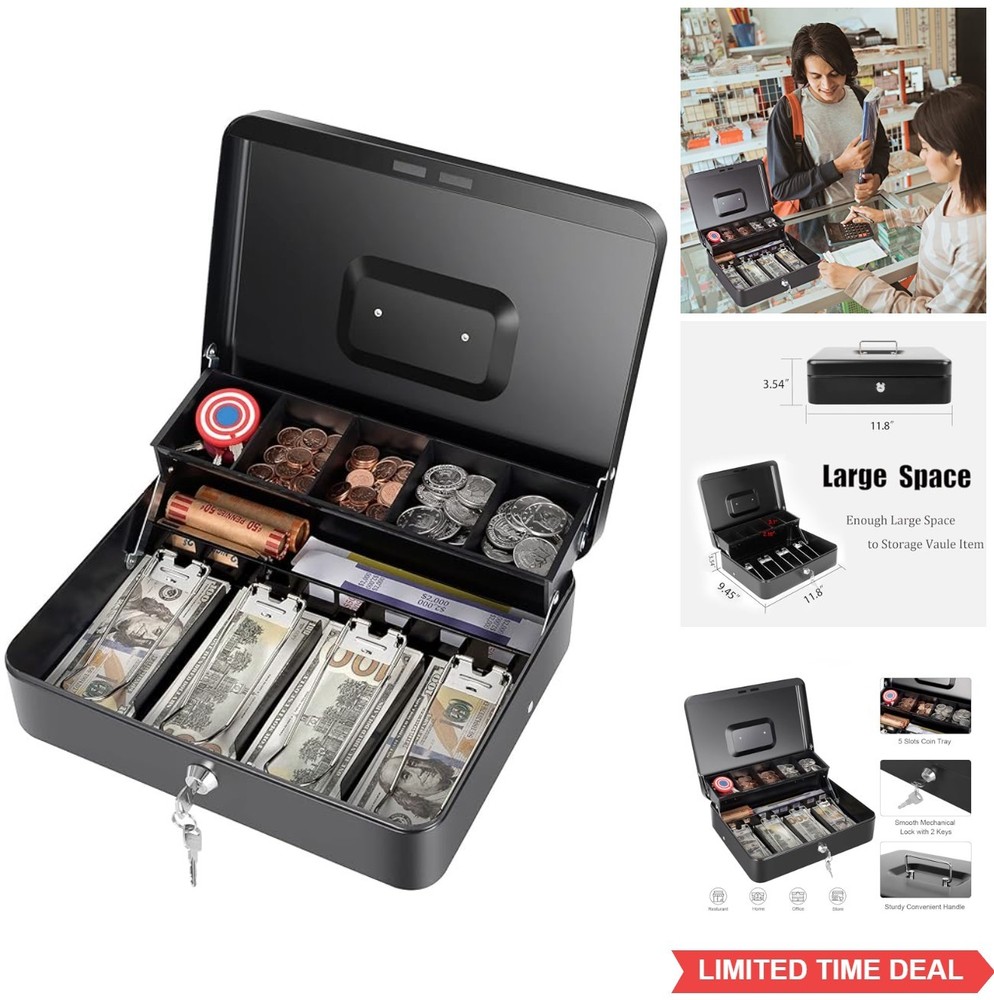 Cash Box with Money Tray and Key Lock 11.8×9.45×3.54 Inch Black Large Lock Box