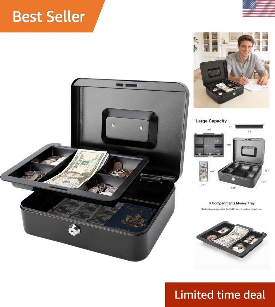 Freestanding Cash Box with Key Lock and Spacious Removable Tray – Office & Home