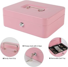 Portable Pink Cash Box with Key Lock & Coin Organization