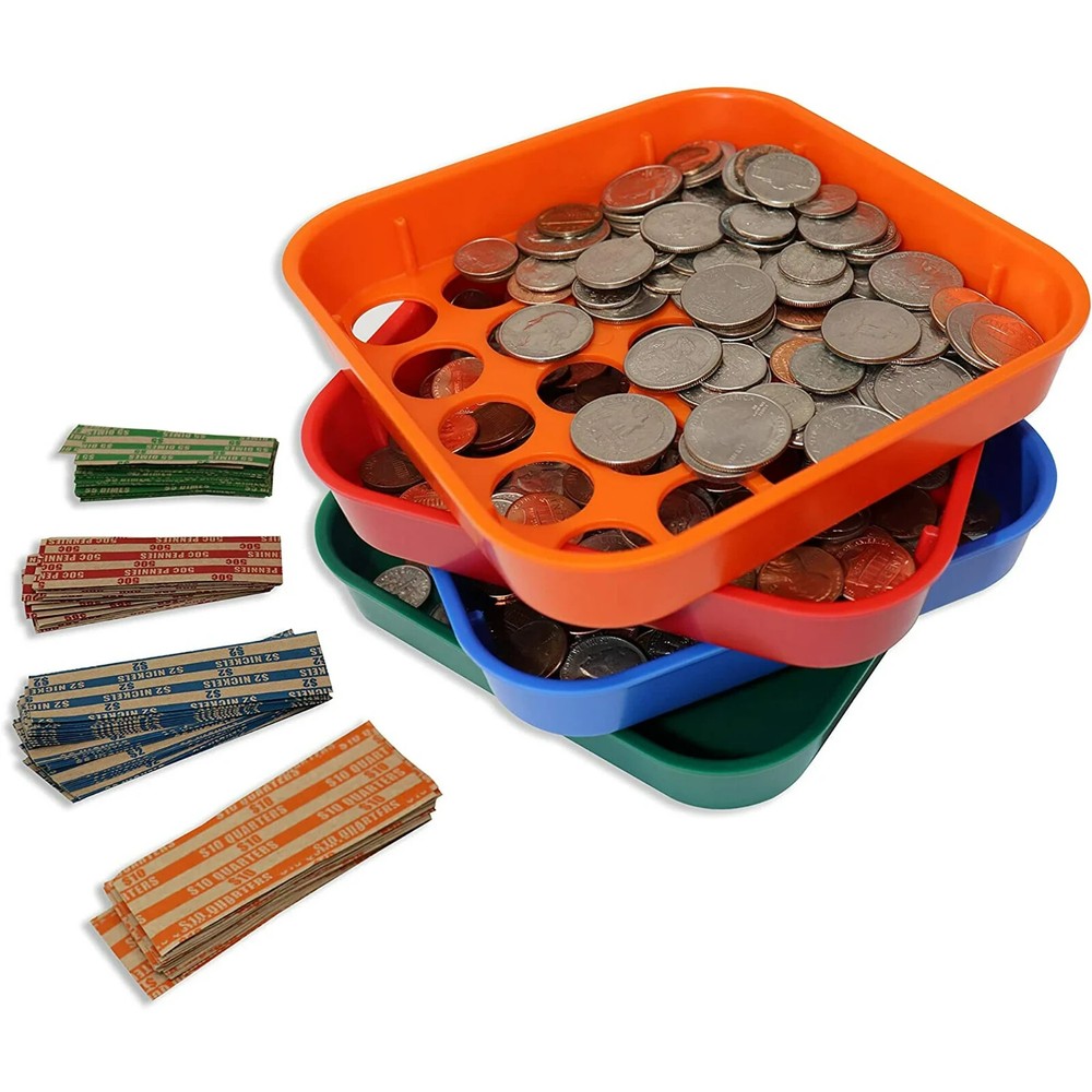 COIN SORTING TRAYS 4 TRAYS AND 40 COIN WRAPPERS INCLUDED POUR & SHAKE, NEW