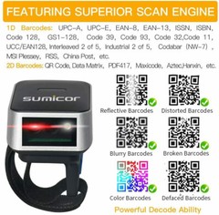 Sumicor Barcode Scanner 2D Bluetooth Ring Finger Wireless Barcode…