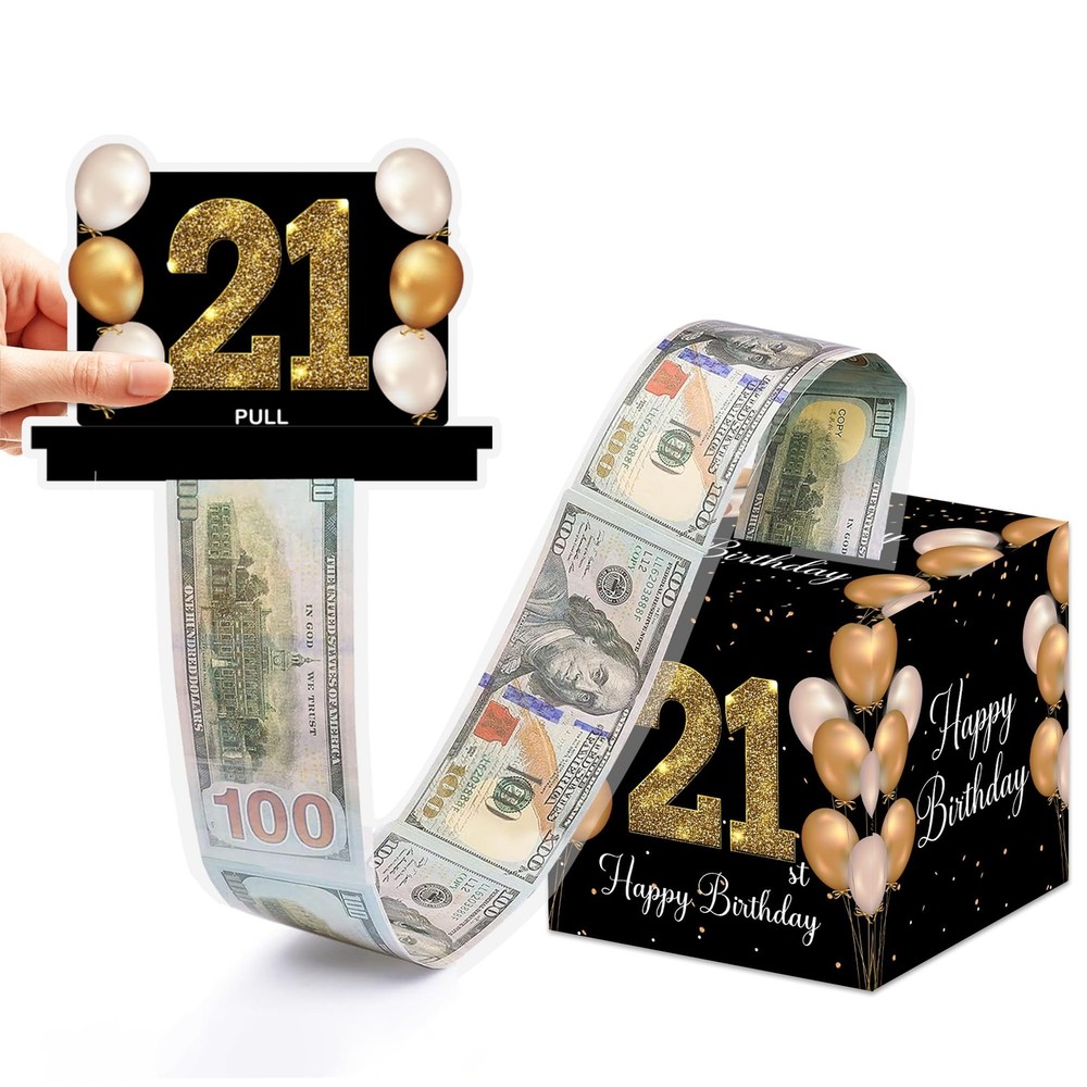 Black Gold 21st Happy Birthday Surprise Pull Out Money Box Cash Gift Set