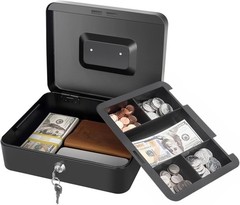 Cash Box with Lock and Money Tray Metal Money Box Large Cash Lock Box for Mon…