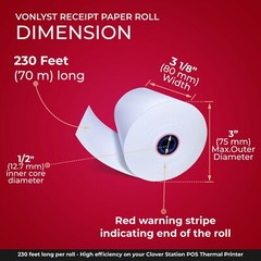 Vonlyst Thermal Receipt Paper Rolls 3 1/8″ x 230′ for Clover Station (12 rolls)