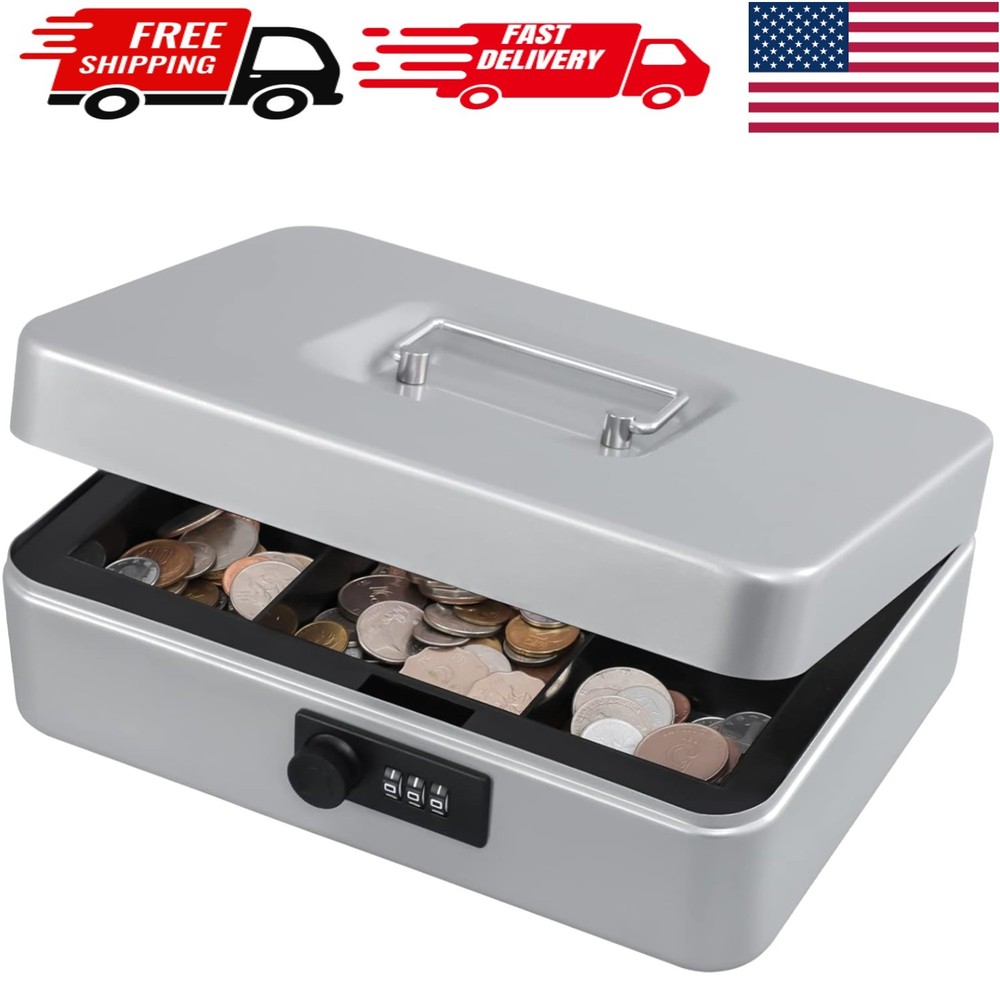Light Grey Cash Box with Combination Lock – Durable, Portable, 7.87″x6.3″