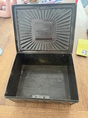 Vintage American Steel Cash Box Black Orange Stripe Industrial Read Description
