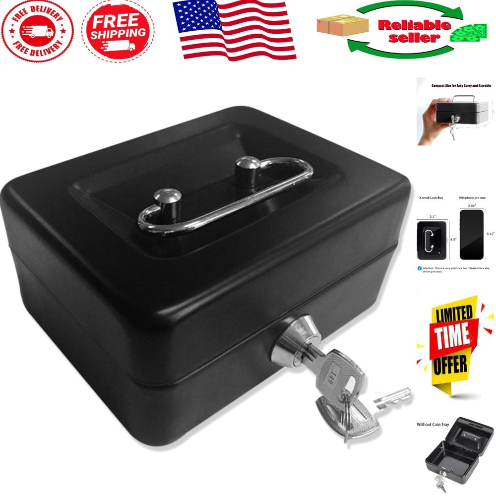 Secure Your Valuables: Small Locking Cash Box, Black Alloy Steel Design