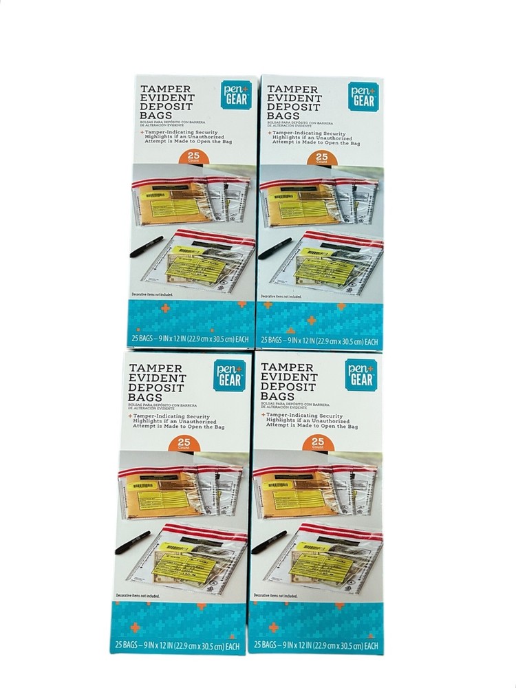 100 Tamper Evident Deposit Bags 9″ by 12″ 4 boxes of 25 NEW, Unopened, unused.