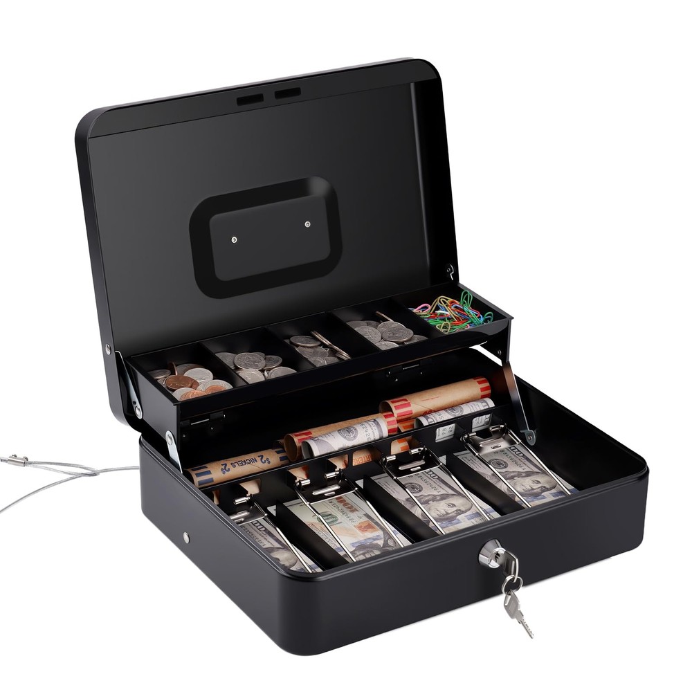 Sumerfnt Cash Box with Money Tray and Lock Money Box with Security Cable, Met…