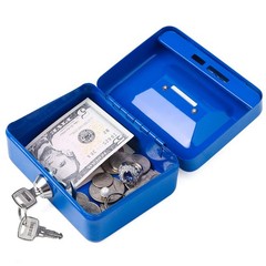 Blue Mini Cash Box Lock Slot Metal Coin Piggy Bank 4.9×3.7×2.3 Inch Storage