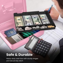 Secure Cash Box with Lock & Removable Tray – 9-Compartment Pink Money Storage fo