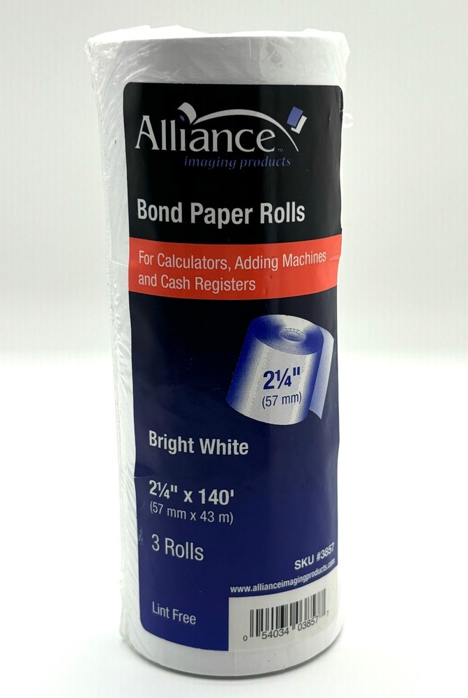 Alliance Bond Paper Rolls 3 Rolls 2.25 X 140′ Cash Register Adding Machine Calc