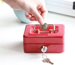 Compact Red Metal Cash Box with Key Lock – Safe Piggy Bank for Coins & Valuables