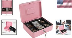Portable Pink Cash Box with Key Lock & Coin Organization