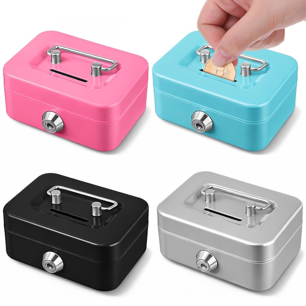4 Pieces Small Money Box with Lock and Slot 4.5 x 3.3 x 2 Inch Metal Cash Box…