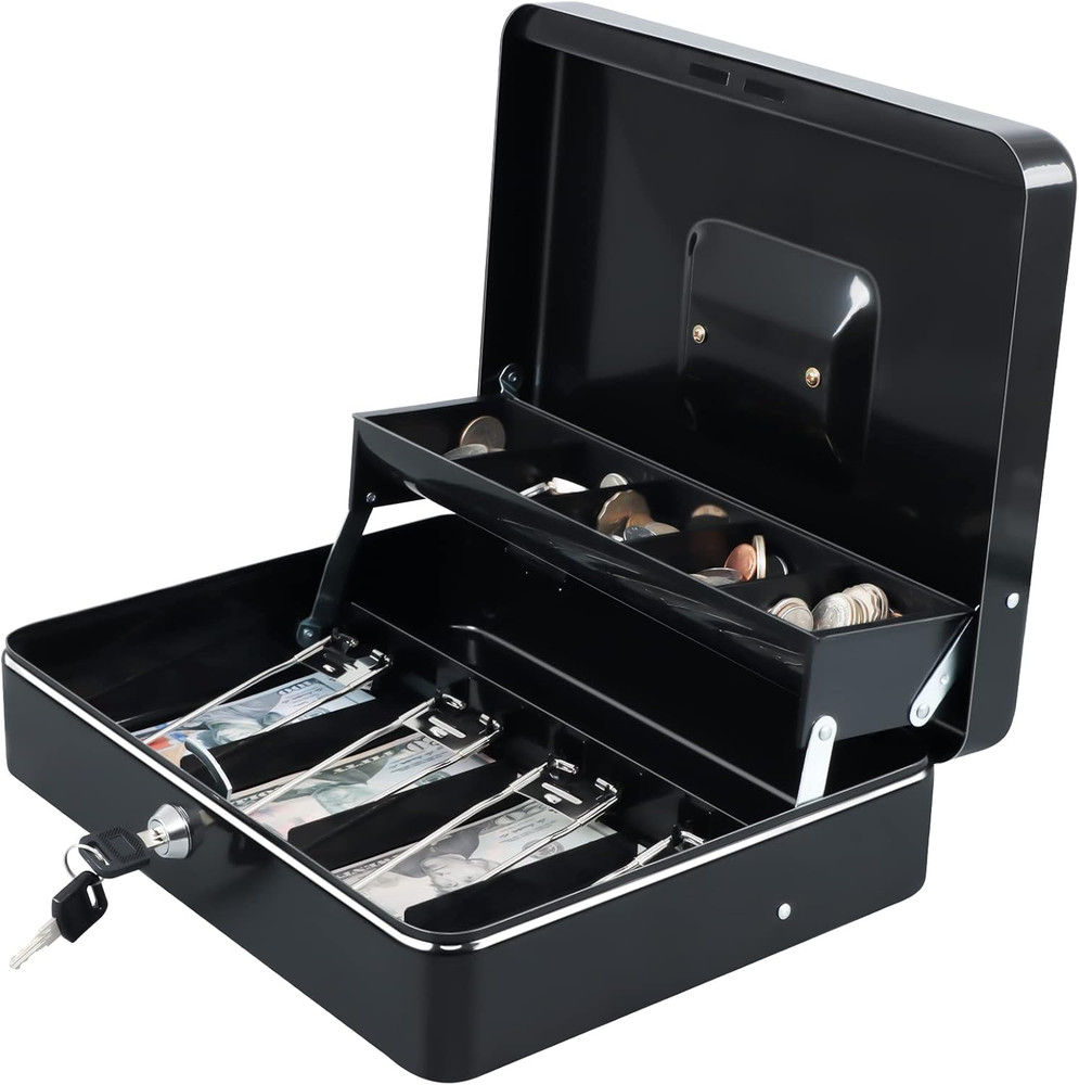 Cash Box with Money Tray and Key Lock 4 Bill 5 Coin Slots Black