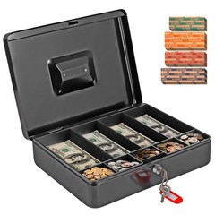 Black XL Large Locking Metal Cash Box Key Save Organizer 100 Coin Wrappers