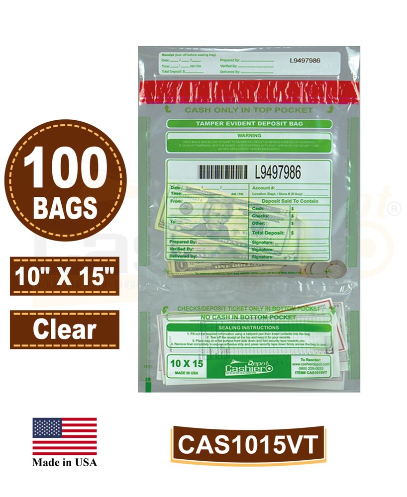 Tamper Evident Bank Deposit Bags 10″ x 15″ Clear, Serialized w/Barcode, 100 Bags