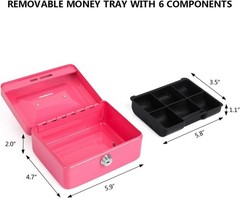 Small Cash Box with Money Tray – Metal Lock box for Kids 5.9″ x4.7″ x 3.2″ Pink