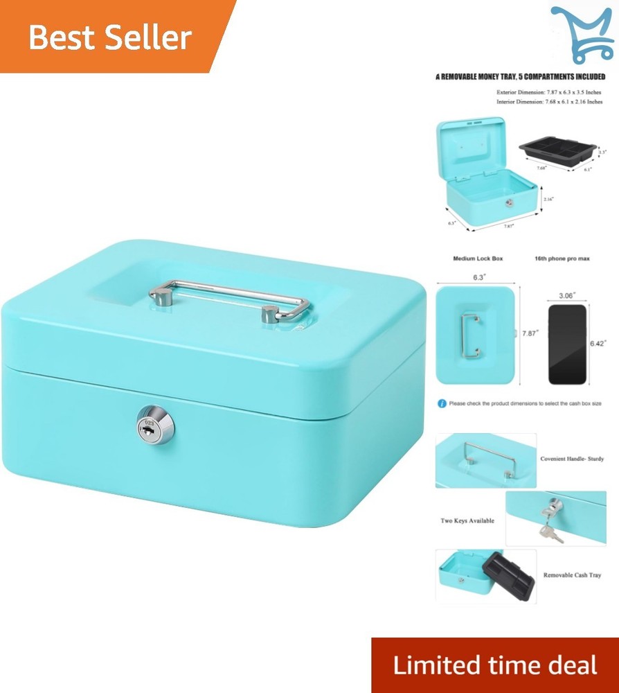 Cash Box Metal Lock Key with Money Tray Light Blue Medium Portable