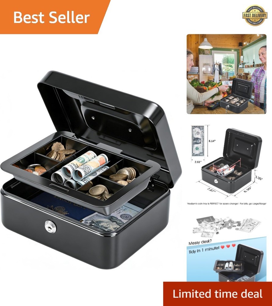 Secure Black Cash Box with Key Lock and Removable Tray – Home & Business Use