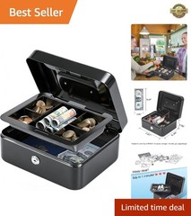 Secure Black Cash Box with Key Lock and Removable Tray – Home & Business Use