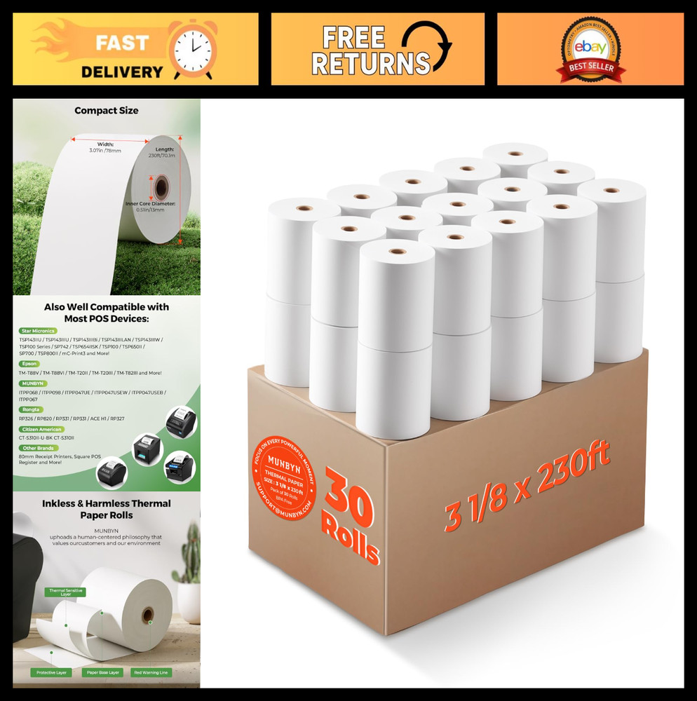 30 Rolls Thermal Receipt Paper 3 1/8″ x 230ft for POS Printers BPA Free, Compati