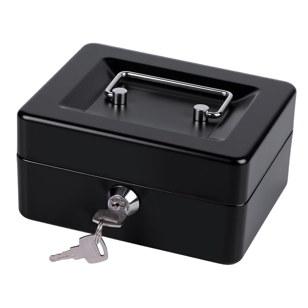 Small Cash Box with Money Tray and Lock, Metal Cash Lock Box with Key, Petty Cas