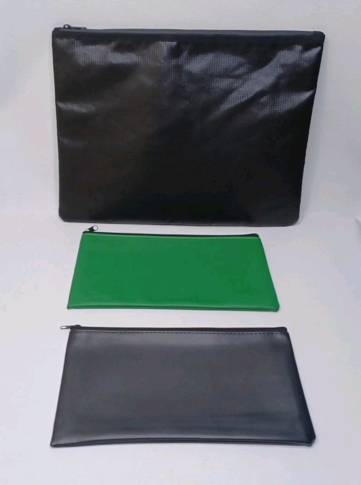 Cash Money Currency Storage Bag Set Of 3 Bags Black & Green Faux Leather New