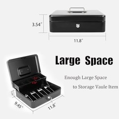 Cash Box with Money Tray and Key Lock 11.8×9.45×3.54 Inch Black Large Lock Box