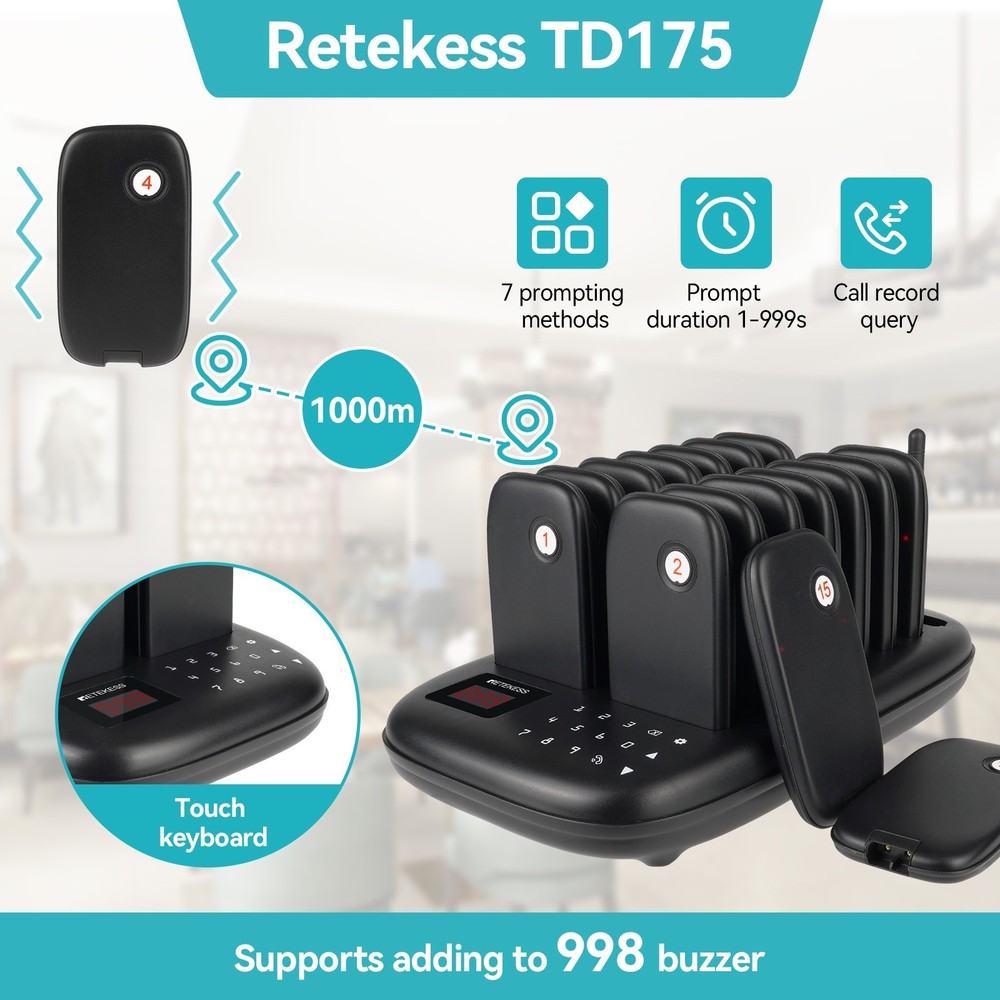 Retekess TD175 Restaurant Pager System Queuing 16 Buzzer For Snack Stand Eatery