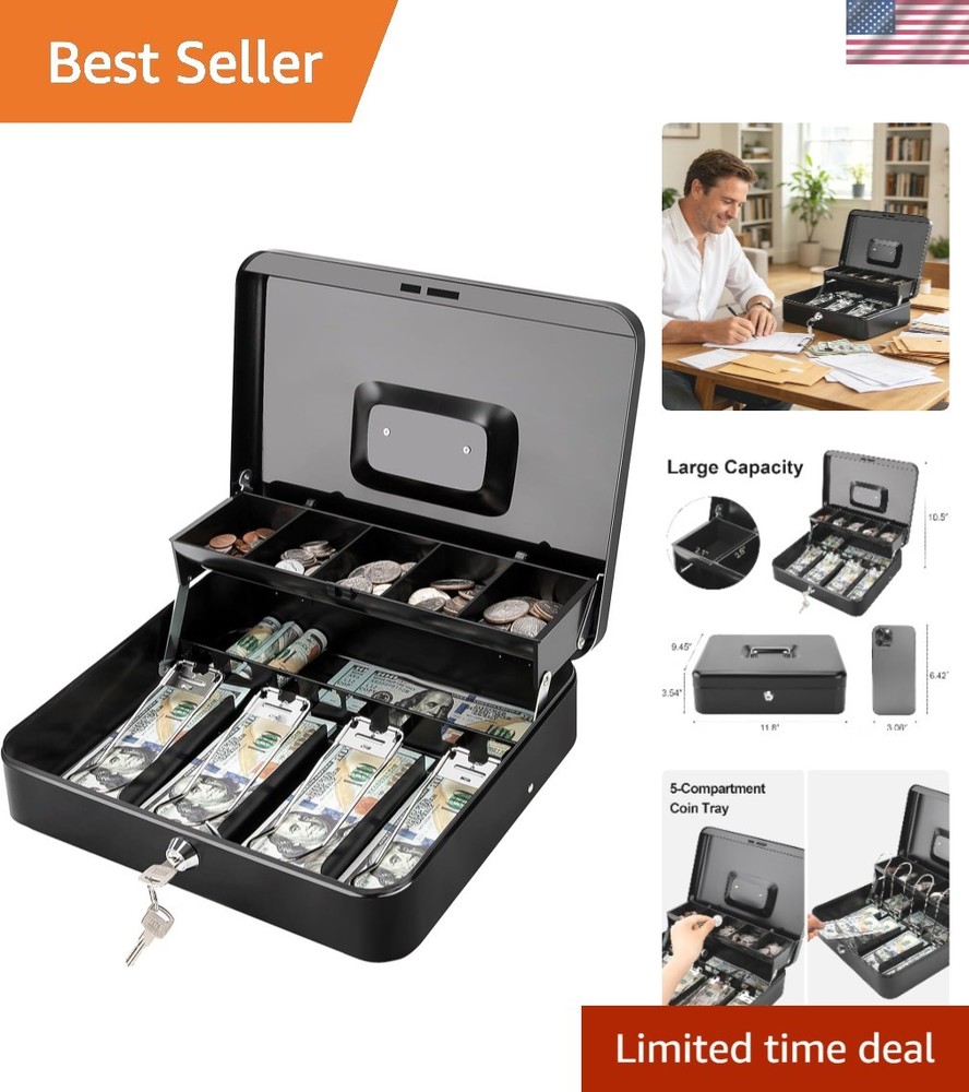 Portable Cash Drawer with Key Lock & Spill-Proof Coin Tray – Black, 11.8×9.5 in