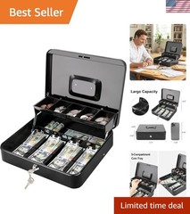 Portable Cash Drawer with Key Lock & Spill-Proof Coin Tray – Black, 11.8×9.5 in