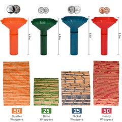 150 Assorted Flat Striped Coin Wrappers & 4 Coin Sorters Tubes, Color-Coded C…