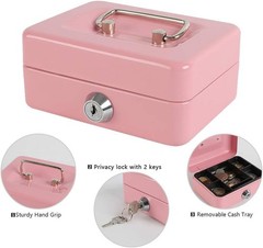 Locking Steel Mini Cash Box with Removable Coin Tray and Key Lock for Kids, 4…