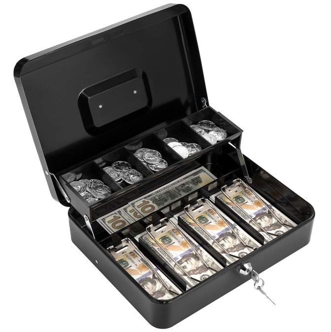 Large Cash Box with Money Tray and Lock, Metal Money Box for Cash, Lockbox 11.8