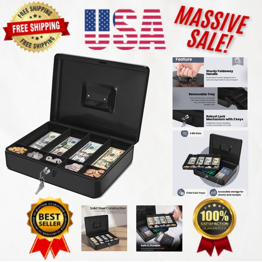 Professional 9-Compartment Cash Box – Locking Black Money Organizer with Handle