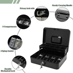 Cash Box with Key Lock, Metal Money Box with Money Tray, Petty Cash Lock Box …