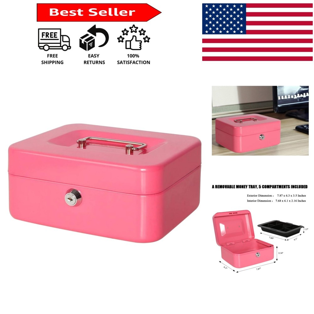 Elegant Pink Metal Cash Box with Key Lock – Portable & Durable Storage Solution
