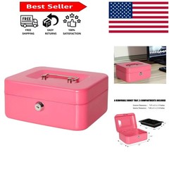 Elegant Pink Metal Cash Box with Key Lock – Portable & Durable Storage Solution