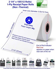 12 Rolls2 1/4 in x 150 ft Adding Machine Tape Paper Rolls, for HR-10RC, HR-17…