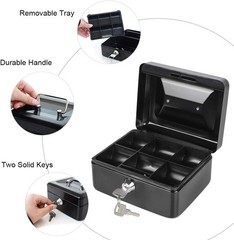 Cash Box with Money Tray, Small Money Box with Key Lock, 6″ x 4 4/5″ x 3″, Black