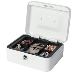 White Small Metal Cash Money Box Tray Lock Safe Storage 7.87×6.3×3.54 Inch