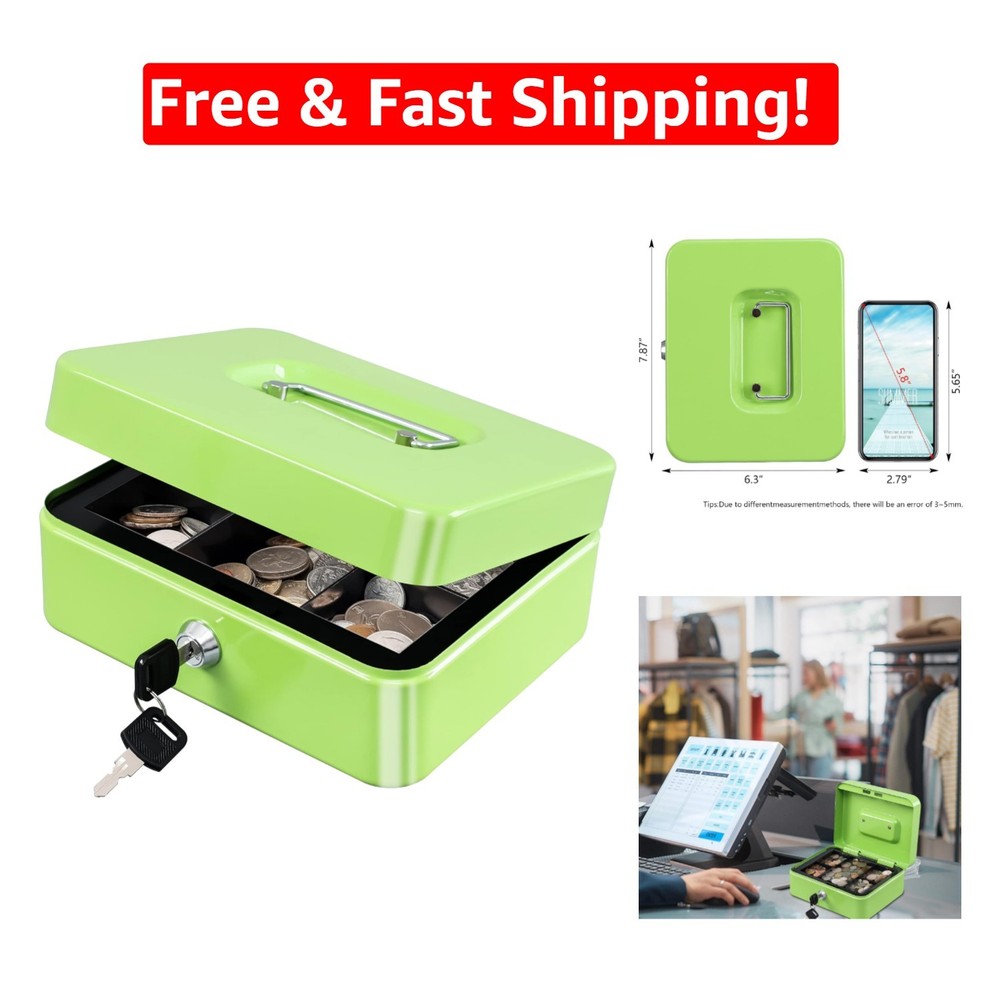 Portable Medium Cash Box with 2 Keys – Water-Resistant Metal Design in Limegreen
