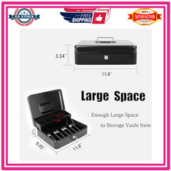 Cash Box with Money Tray Key Lock XL 11.8×9.45×3.54 Black Money Storage