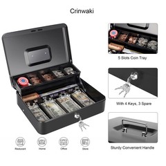 XL Black Cash Box, 11.8×9.45×3.54, Key Lock, 4 Keys, Money Tray, Metal