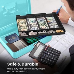 Portable Cash Lock Box W/ Key 9 Compartment Money Organizer Bills & Coins New
