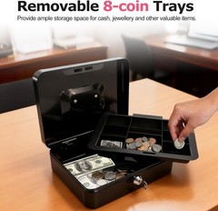 10″ Cash Box with Money Tray, Black, Large | Metal Money Safe Lock Box, Key L…