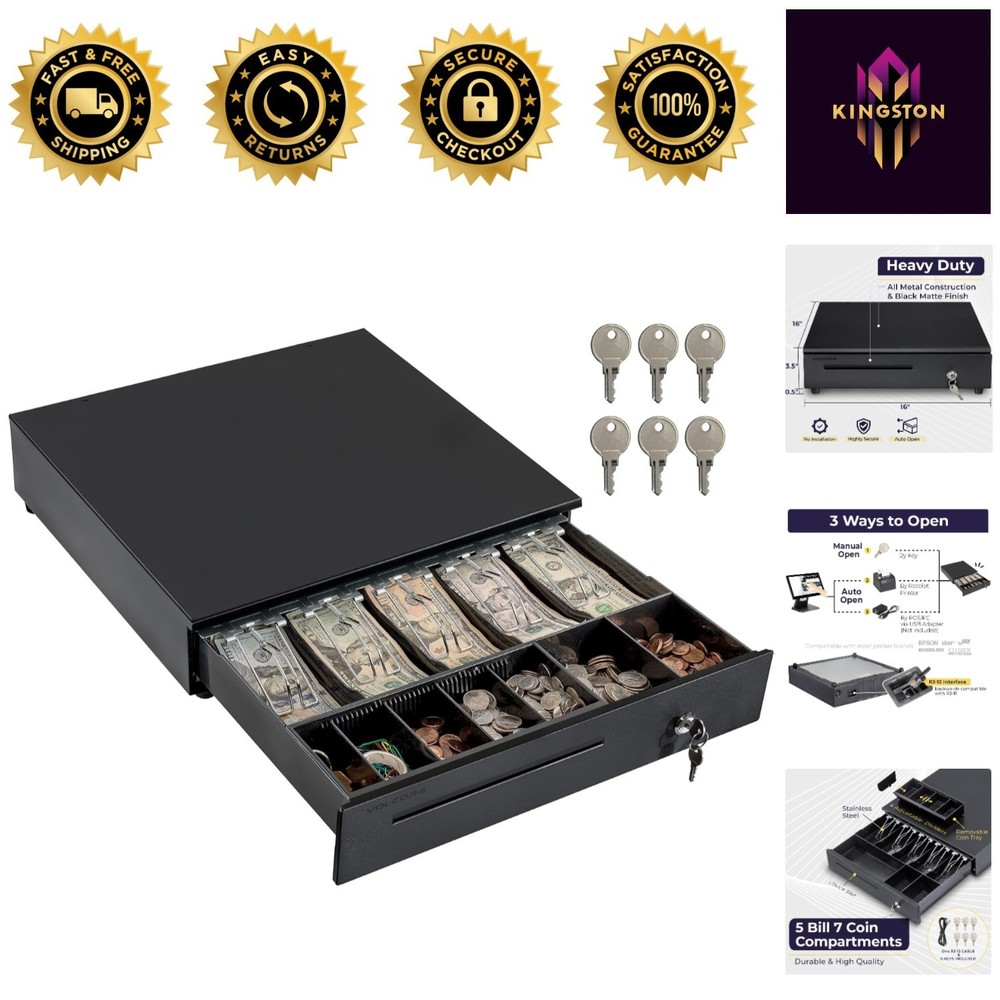 Commercial Quality Cash Drawer with 5 Bill & 7 Coin Slots – Black Metal, 12-24V