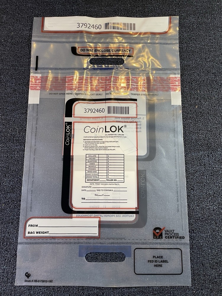 Qty 50 ControlTEK 14.5 x 25 CoinLok, Clear, Dual Handle Deposit Coin Bags sealed